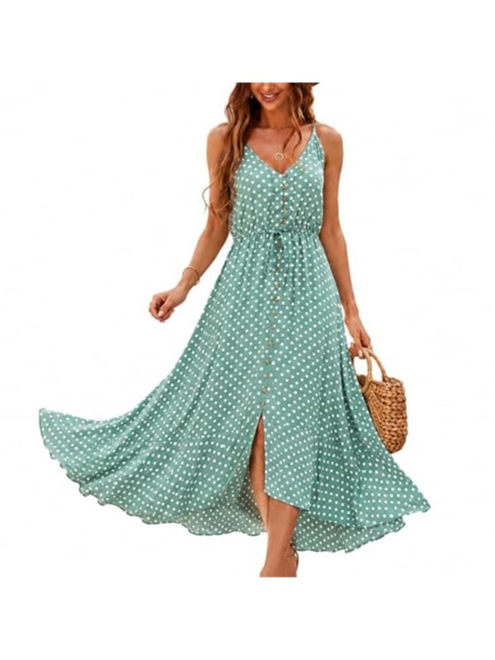 Women Boho Sundress Polka Dot Spaghetti Strap V Neck Flowy Midi Dress Green